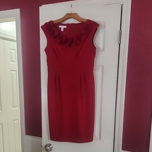 London Times Red Sleeveless Sheath Dress with Ruffle Neckline